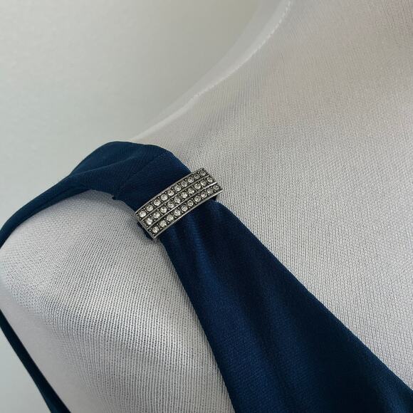 Ralph Lauren Ruffled Beaded Midi Sheath Cocktail Dress Blue Size 8 Draped V-Neck - Picture 9 of 13